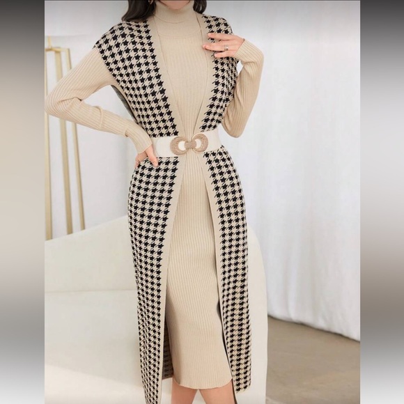 Beige and Black Houndstooth Long Cardigan Dress - Picture 9 of 14